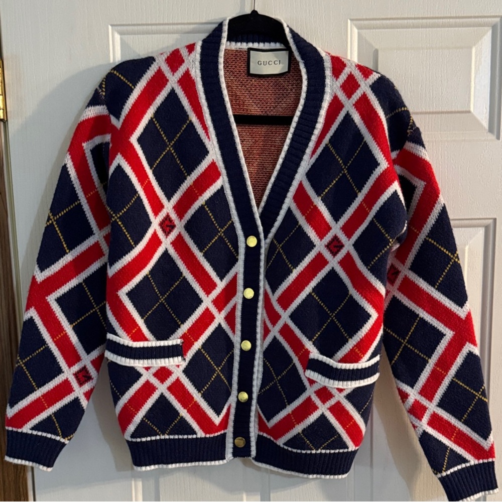 Gucci Men's Cardigan in Red, Navy, and Gold